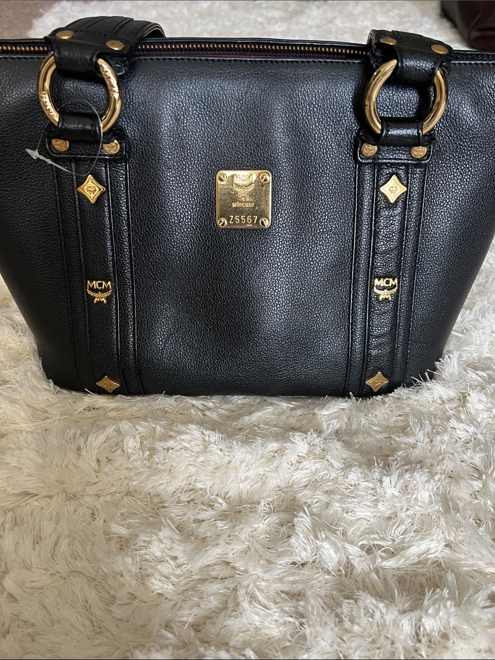 MCM Black Leather Tote with Gold Hardware